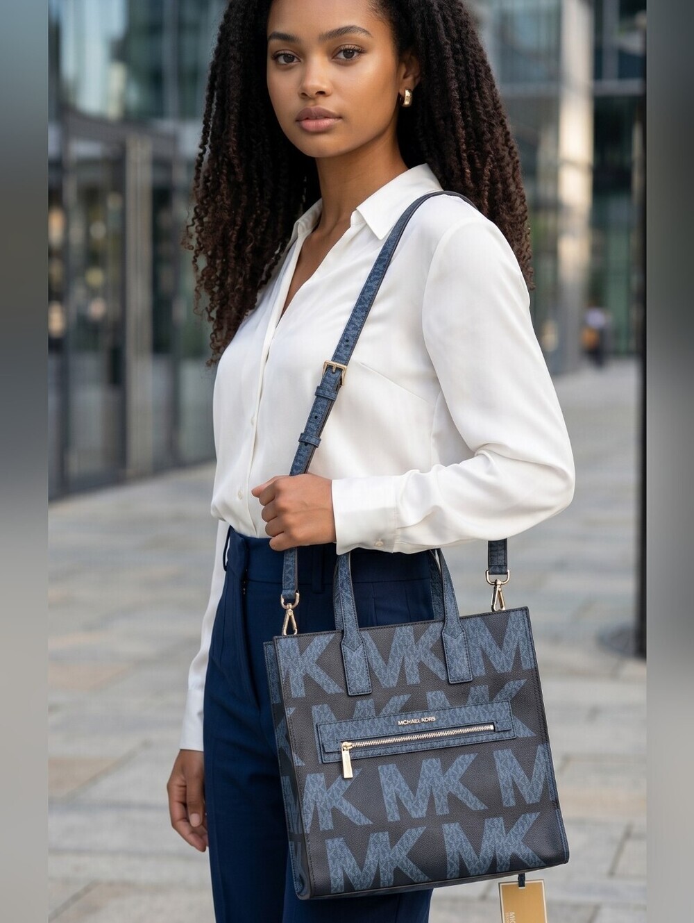 NWT NEW MICHAEL KORS KENLY LARGE NORTH SOUTH NAVY BLUE TOTE BAG